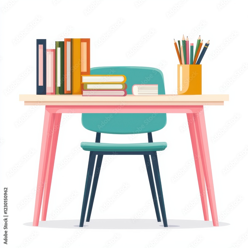 Fototapeta premium A vibrant workspace featuring a colorful chair, organized books, and stationery, perfect for studying or creativity.