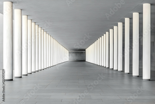 Modern building, columned walkway, grey floor, bright light