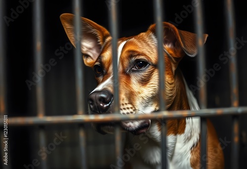 Sad Dog in Cage Animal Shelter Needs Home Adoption photo