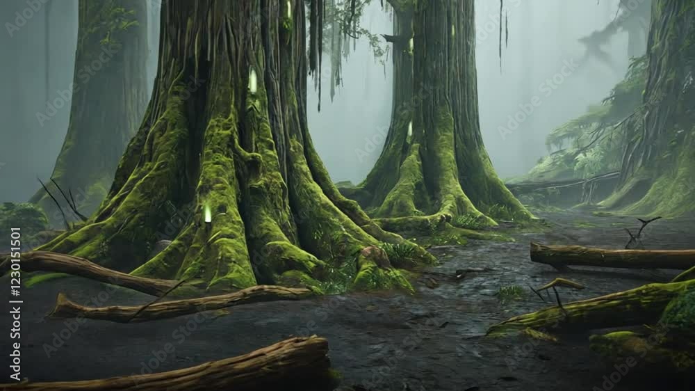 Fantasy dark foggy fairytale forest. Conceptual Halloween nature landscape