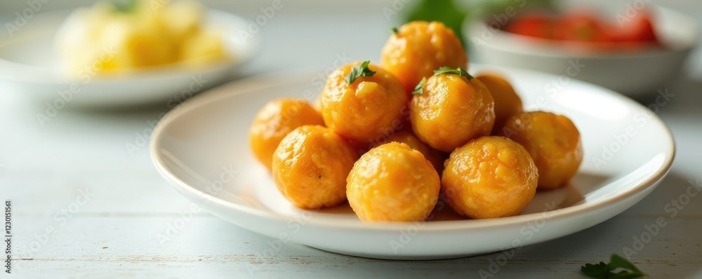 Rolling balls of roe on a plain white ceramic plate, clean, modern Rolling balls of roe on a plain white ceramic plate, clean, modern