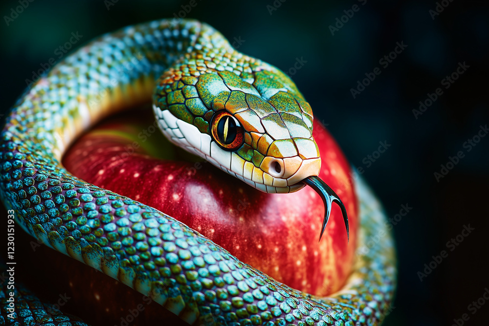 Fototapeta premium Colorful snake wrapped around a red apple with a dark background, copy space