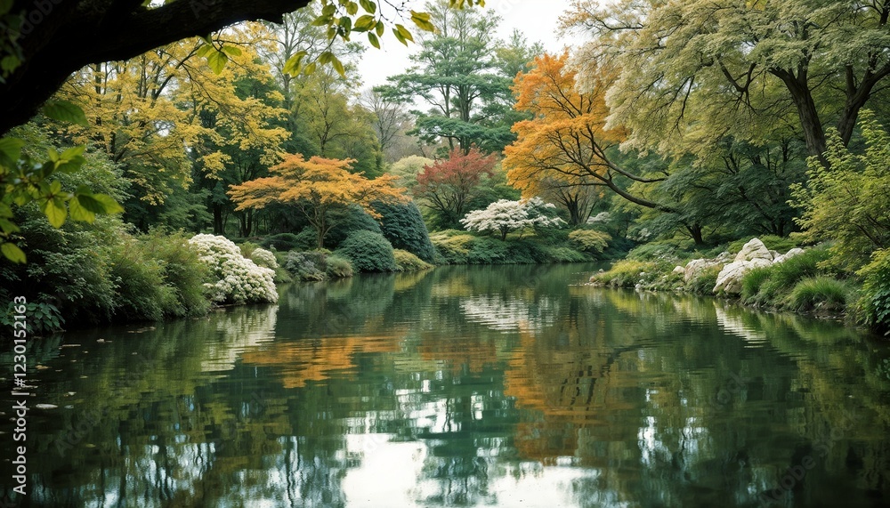 Stunning view of a beautiful lake in a botanical garden showcasing lush vegetation reflecting on the water Stunning view of a beautiful lake in a botanical garden showcasing lush vegetation reflecting on the water