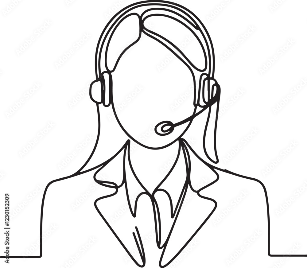 Professional Line Drawing. Female Call Center Agent on Headset - Vector Illustration Professional Line Drawing. Female Call Center Agent on Headset - Vector Illustration