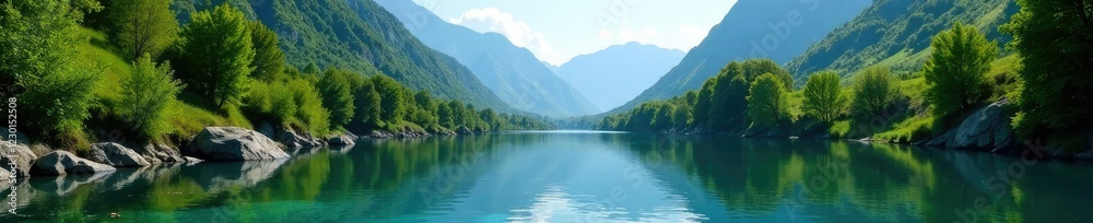Serene mountain river valley with crystal clear water and lush greenery, valleys, foliage Serene mountain river valley with crystal clear water and lush greenery, valleys, foliage