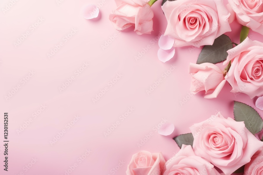 Delicate pink roses and petals create a beautiful border on a pastel pink background, offering a serene and romantic backdrop Delicate pink roses and petals create a beautiful border on a pastel pink background, offering a serene and romantic backdrop
