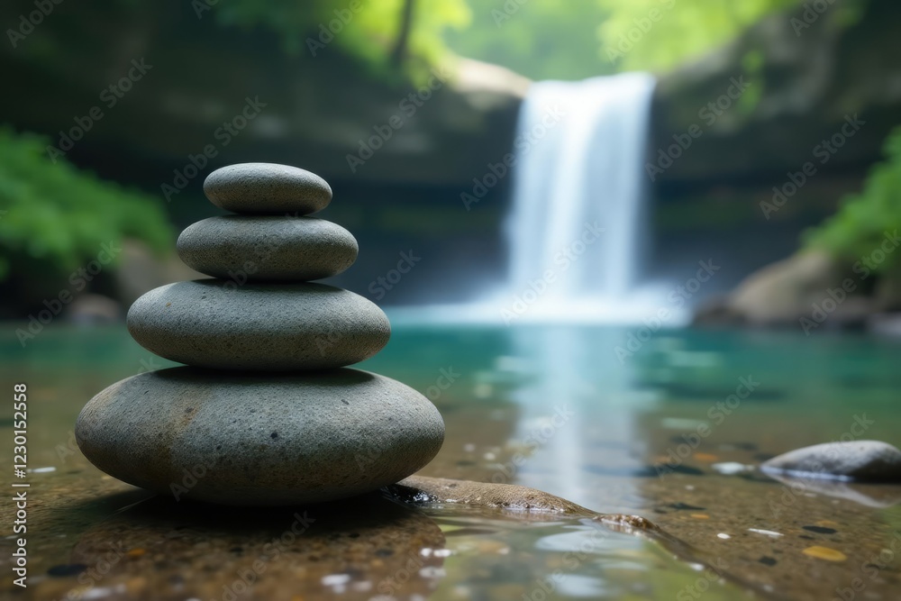 Serene stones stacked near a soothing waterfall, landscape, stone, peace Serene stones stacked near a soothing waterfall, landscape, stone, peace