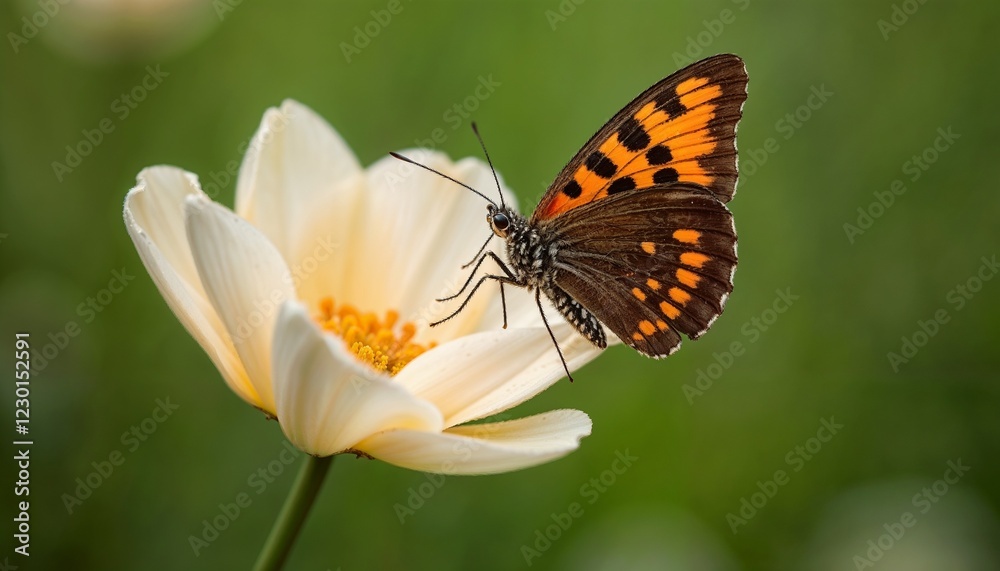 Close-up of a vibrant butterfly perched on a delicate flower with soft greenery in the background Close-up of a vibrant butterfly perched on a delicate flower with soft greenery in the background