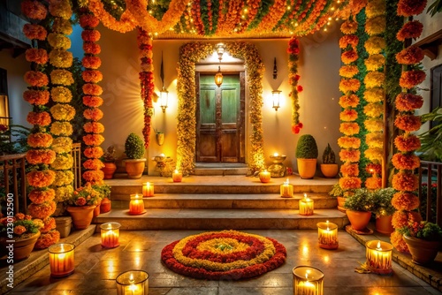 Festive Diwali Home Entrance: Marigold Garlands, Diyas & Lights at Night photo