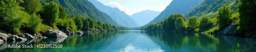 Serene mountain river valley with crystal clear water and lush greenery, valleys, foliage