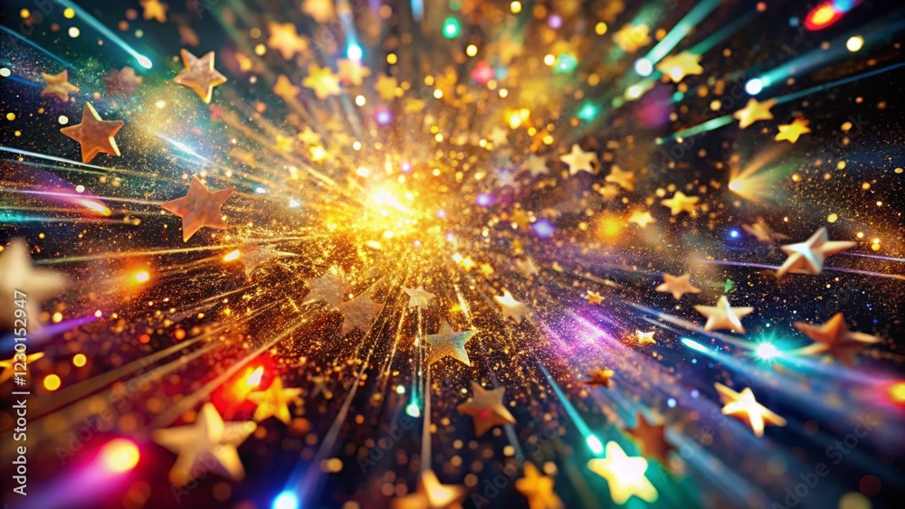Naklejka premium Festive Glitter Explosion: Flying Stars & Swirling Lines - Magical Holiday Background
