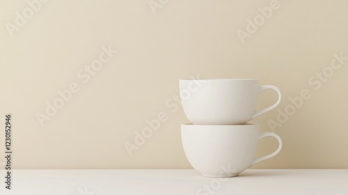 Wallpaper Mural Two white mugs stacked on table, beige background, minimalist design, for cafe menu Torontodigital.ca