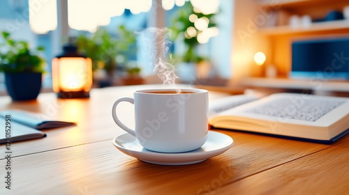 A steaming cup of coffee on a wooden table with an open book and soft evening light in a cozy room photo