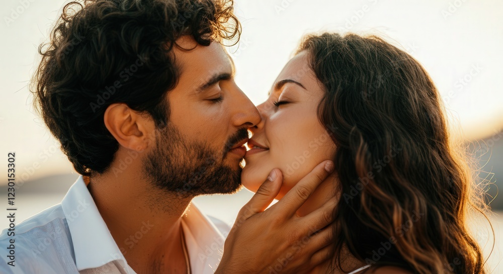 Romantic intimate moment between diverse young couple at sunset Romantic intimate moment between diverse young couple at sunset