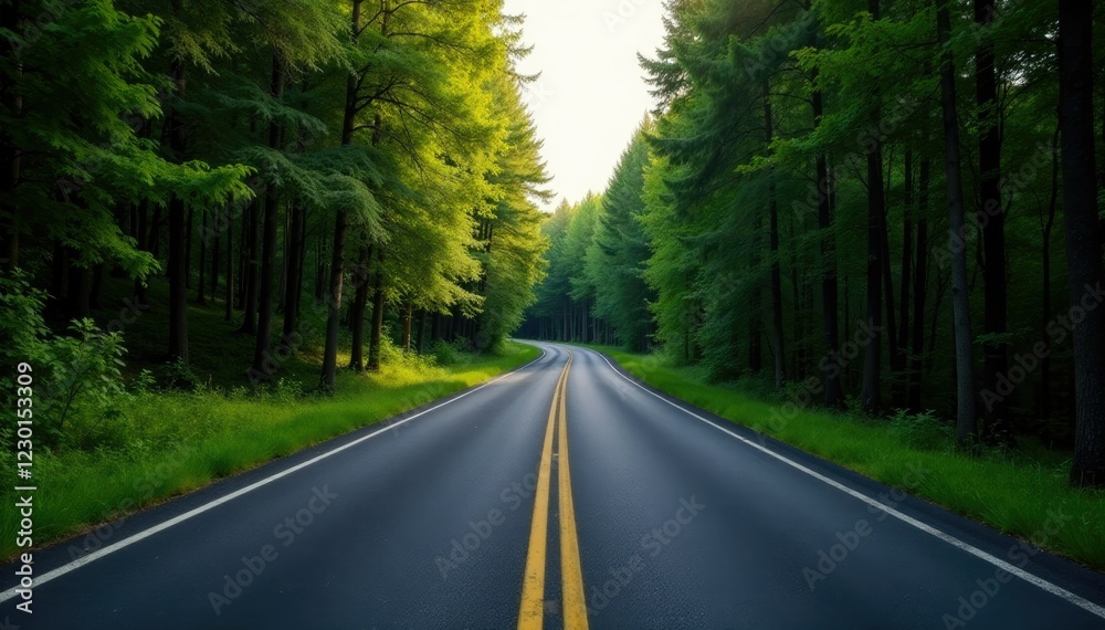 Fototapeta premium Single asphalt lane winding through dense forest, nature, lane, highway