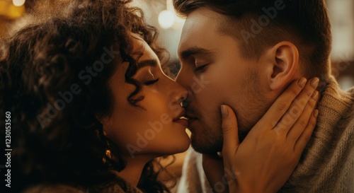 Romantic intimate moment between young caucasian male and hispanic female in warm cozy setting