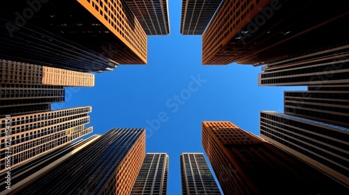 Skyward Gaze: A captivating perspective from the ground, looking up at the towering steel and glass skyscrapers of a modern metropolis, with a cerulean sky as a backdrop.  