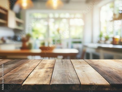 empty wood tabletop in a bright indoor setting with a softly blurred background for mockups, product display mockup in kitchen setting