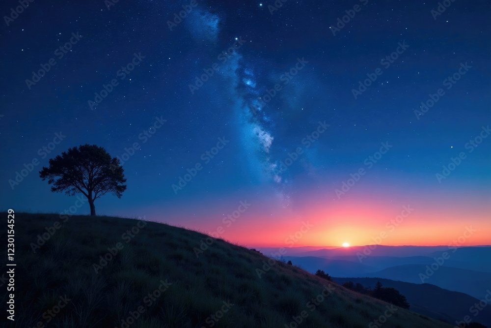 Naklejka premium Star-filled blue sky on a serene hilltop at dusk, sunset, calm