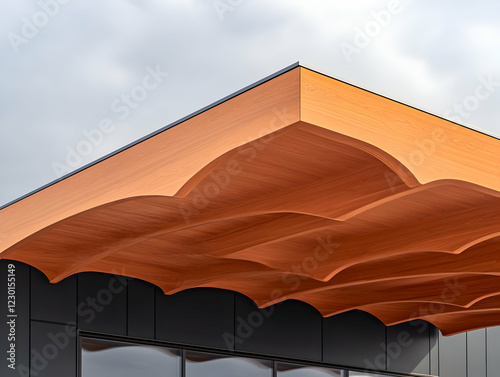 Modern building, wood canopy, sky, architectural detail photo