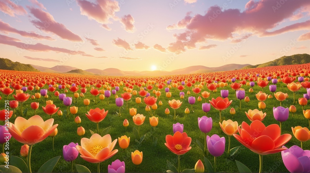 Fototapeta premium A field of colorful tulips at sunset.