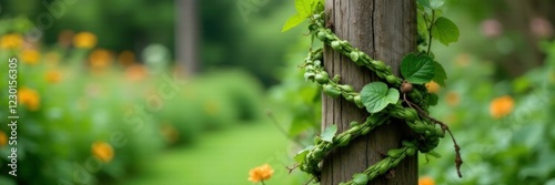 Twisted vines wrapped around a wooden post at a garden, plants, garden, twisted