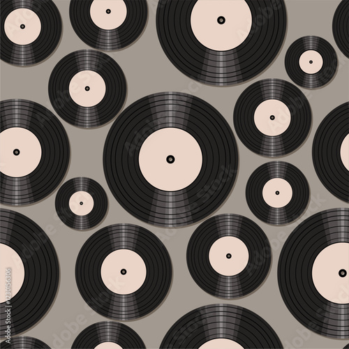Seamless pattern print wallpaper with vinyl record discs music illustration vector retro style 60s, 70s, 80s, design art background for paper, textile, pack etc.