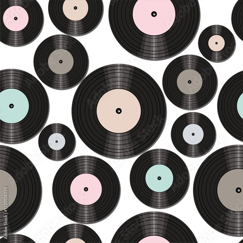 Seamless pattern print wallpaper with vinyl record discs music illustration vector retro style 60s, 70s, 80s, design art background for paper, textile, pack etc.
