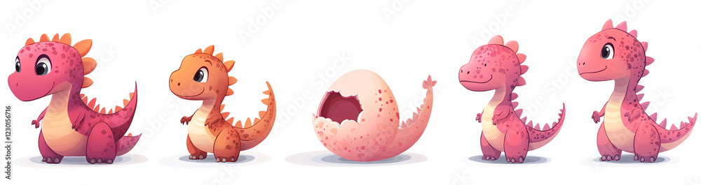 Cute green dinosaur reptile hatching sequence from spotted egg - closed shell, cracking process, emerging baby dino and newborn t-rex with broken eggshell pieces for game animation or children book Cute green dinosaur reptile hatching sequence from spotted egg - closed shell, cracking process, emerging baby dino and newborn t-rex with broken eggshell pieces for game animation or children book