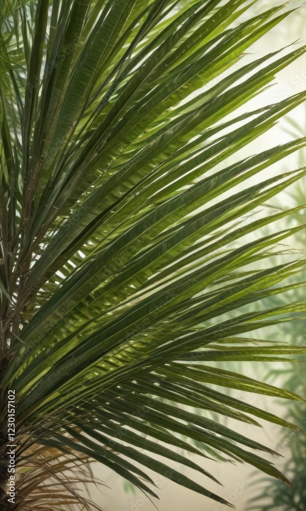 Fototapeta premium Single palm frond against a blurred background with natural textures , texture, single palm leaf, plant detail, foliage