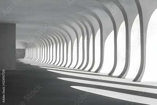 Modern arched hall, sunlight, empty space, architecture design