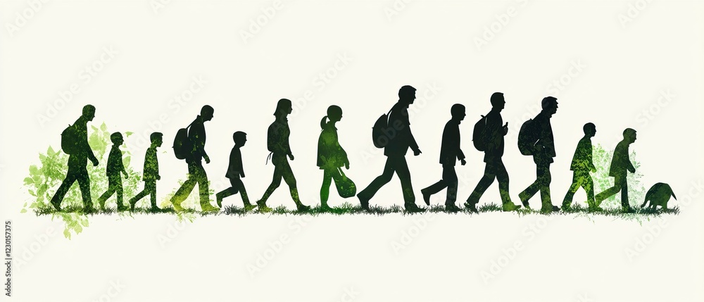 Naklejka premium Dice game, human life cycle evolution from baby to old person in silhouette vector illustration with green and black color palette on white background,