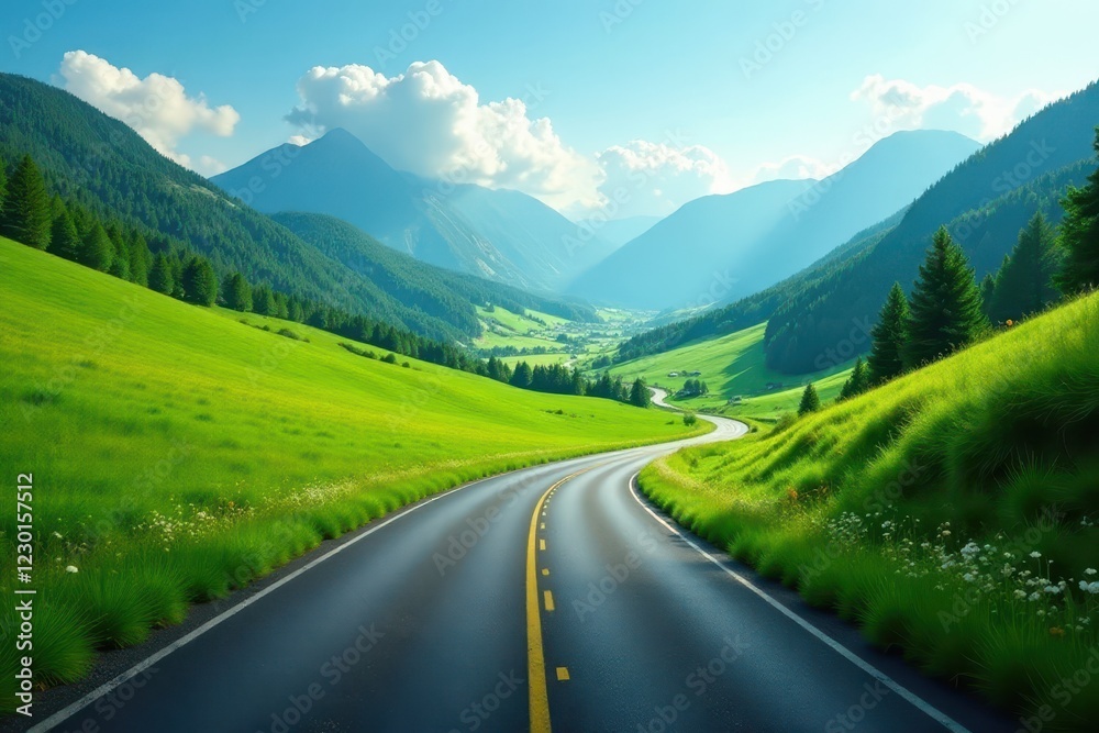 Fototapeta premium A winding road disappears into a vibrant green valley , adventure, way