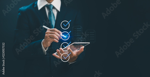 assessment form and Document Management System Concept, Businessman checks boxes to fill out online survey or checklist. Performance appraisal and document approval with virtual screen