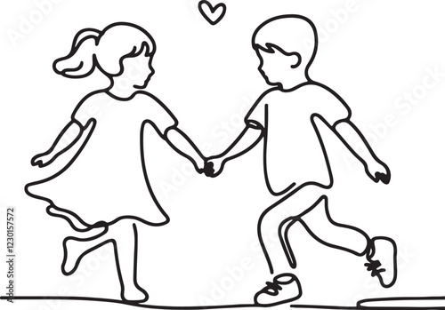 Toddler Bonding Captured in Line Art. Boy and Girl Running Hand in Hand – Creative Design Ideas