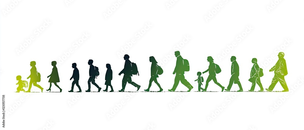 Dice game, human life cycle evolution from baby to old person in silhouette vector illustration with green and black color palette on white background, Dice game, human life cycle evolution from baby to old person in silhouette vector illustration with green and black color palette on white background,