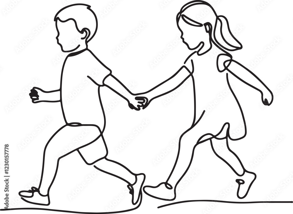 Toddler Bonding Captured in Line Art. Boy and Girl Running Hand in Hand – Creative Design Ideas