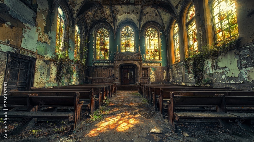 Fototapeta premium Sunlit Ruins: An Abandoned Church's Sacred Silence