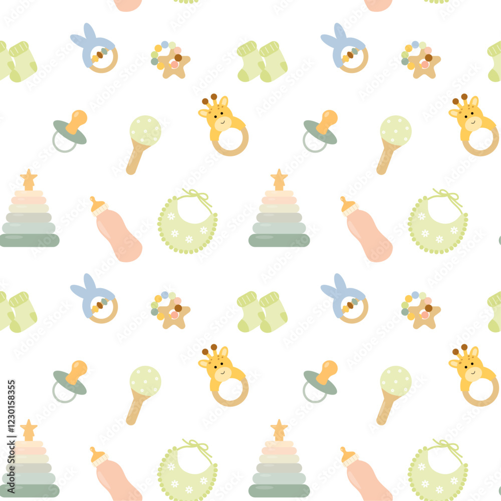 Seamless baby pattern with pacifiers, rattles, stacking rings, bottles, bibs, and socks in soft pastel colors. Perfect for nursery decor, baby shower invitations, fabric prints, and kids' products. Seamless baby pattern with pacifiers, rattles, stacking rings, bottles, bibs, and socks in soft pastel colors. Perfect for nursery decor, baby shower invitations, fabric prints, and kids' products.