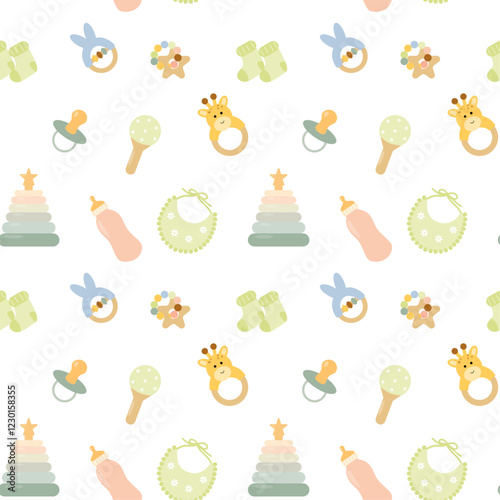 Seamless baby pattern with pacifiers, rattles, stacking rings, bottles, bibs, and socks in soft pastel colors. Perfect for nursery decor, baby shower invitations, fabric prints, and kids' products.