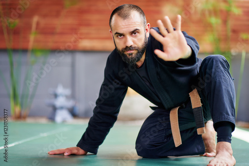 Martial artist practicing kata and showing stop sign with hand in dojo photo