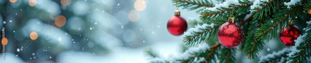 Obraz premium Fir tree branches with red and green baubles in a snow-covered landscape, , festive, winter