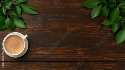 Wallpaper Mural Morning Coffee on Dark Wood: A steaming cup of coffee sits on a rich dark wood table, framed by vibrant green leaves, creating a serene and inviting atmosphere perfect for a calm start to the day. Torontodigital.ca
