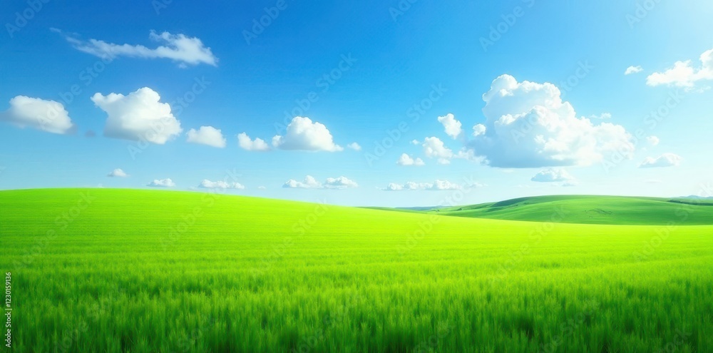 Open landscape with vast green field under blue sky, outdoors, wide view Open landscape with vast green field under blue sky, outdoors, wide view