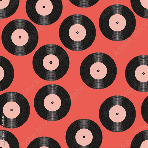 Seamless pattern print wallpaper with vinyl record discs music illustration vector retro style 60s, 70s, 80s, design art background for paper, textile, pack etc.
