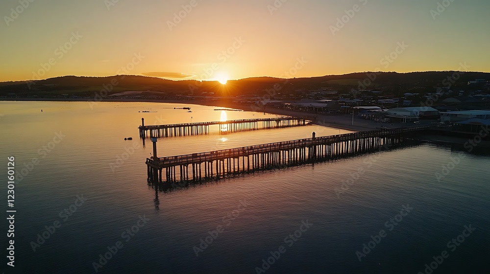 A golden sunset over Port Lincoln, casting a warm glow on the wharf and its shimmering reflection in the quiet sea A golden sunset over Port Lincoln, casting a warm glow on the wharf and its shimmering reflection in the quiet sea