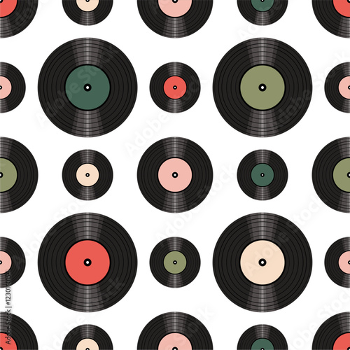 Seamless pattern print wallpaper with vinyl record discs music illustration vector retro style 60s, 70s, 80s, design art background for paper, textile, pack etc.	
