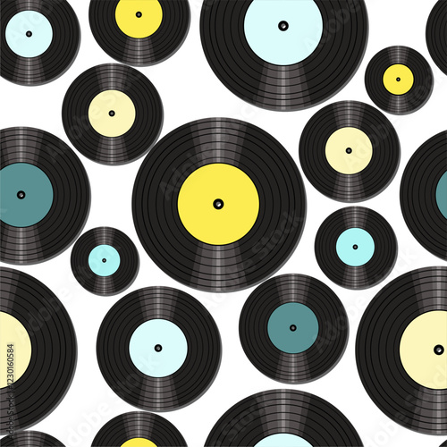 Seamless pattern print wallpaper with vinyl record discs music illustration vector retro style 60s, 70s, 80s, design art background for paper, textile, pack etc.	
