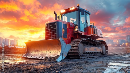 Red Bulldozer Working at Sunset Construction Site