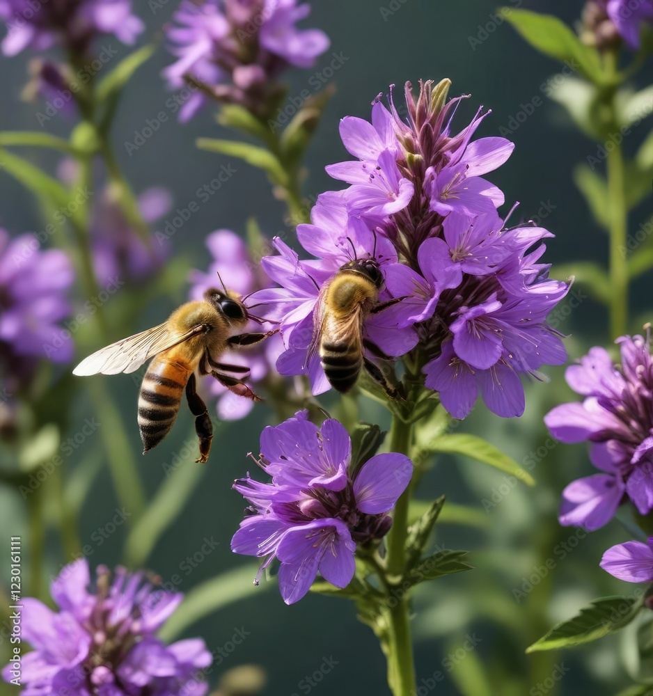 Honey bees collecting nectar and pollen from the vibrant purple flowers of Indian Hemp , flower, wildflower Honey bees collecting nectar and pollen from the vibrant purple flowers of Indian Hemp , flower, wildflower